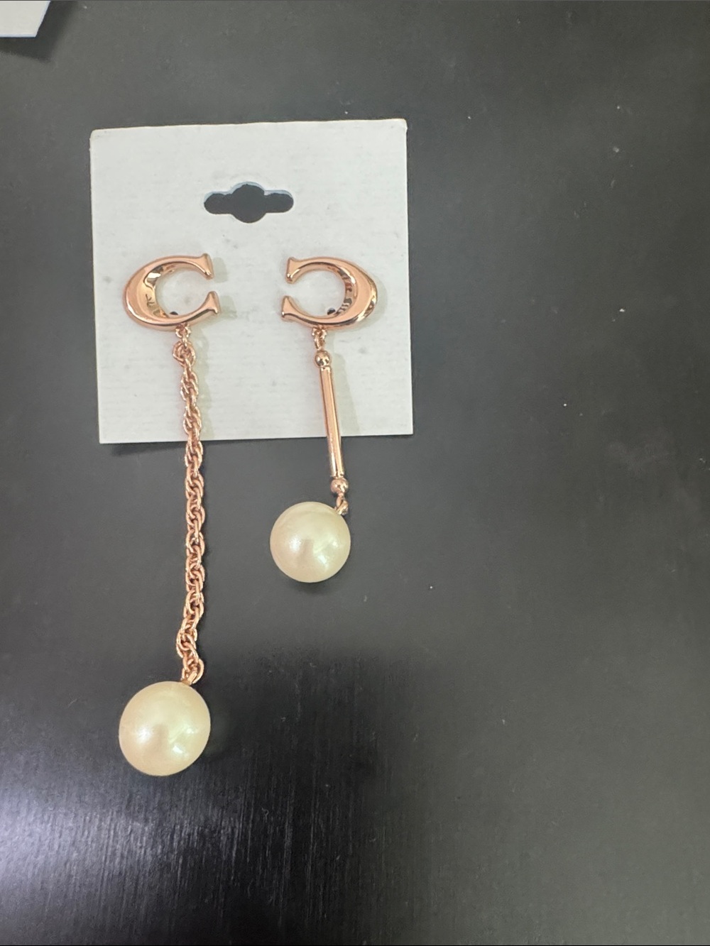 Coach Signature C Rose Gold Pearl Drop Asymmetrical Earrings - Women Jewelry